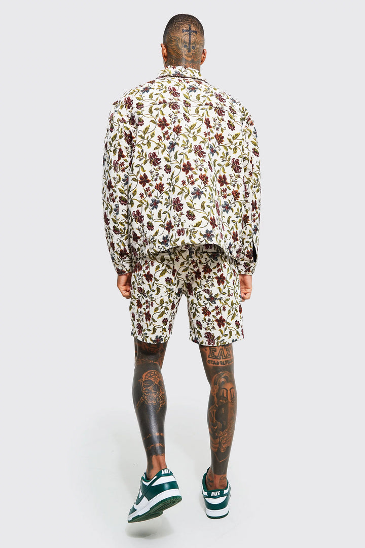 BOOHOOMAN OVERSIZED TAPESTRY FLORAL DENIM JACKET
