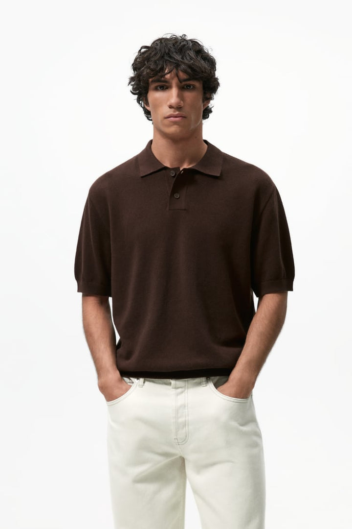 ZARA TEXTURED KNIT POLO IN BROWN