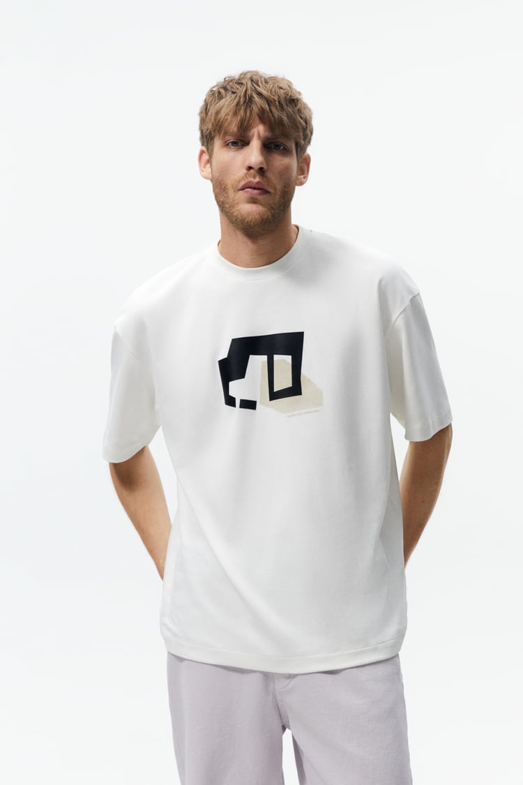 Zara T-shirt with Faux Leather patch in white