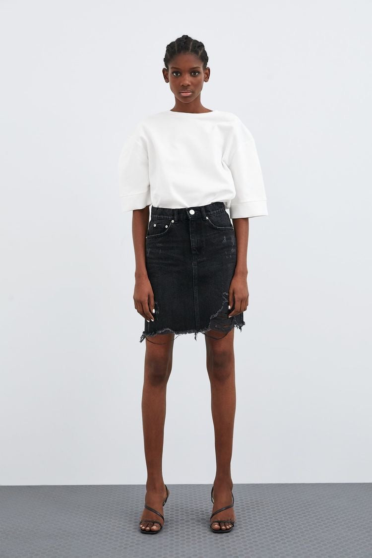 Zara black ripped denim skirt