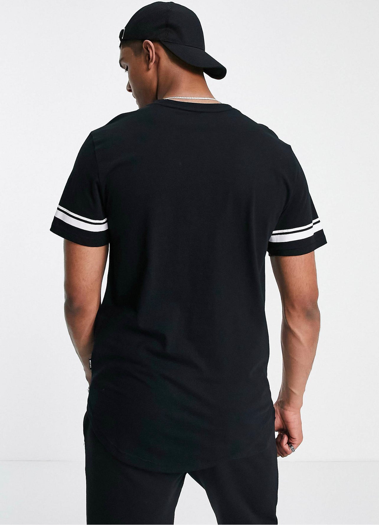 Only & Sons longline t-shirt with sleeve stripe in black