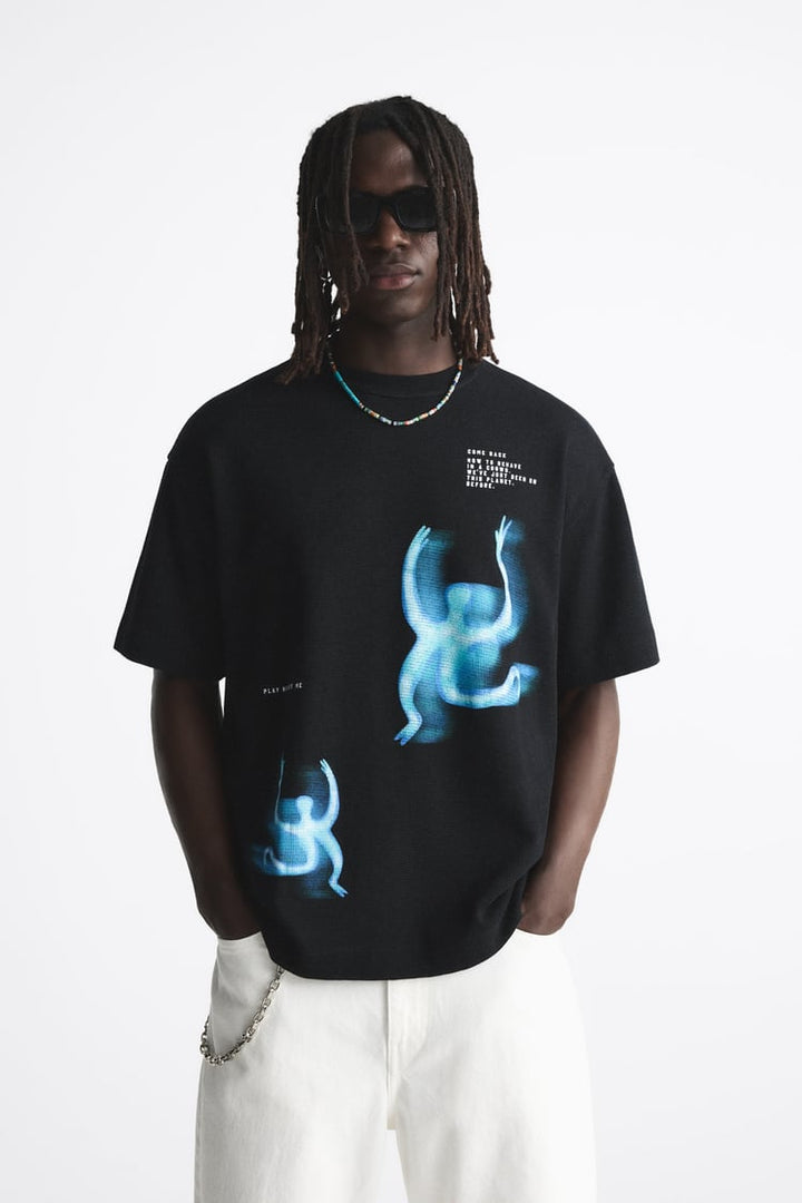 ZARA PRINTED KNIT T-SHIRT BLACK