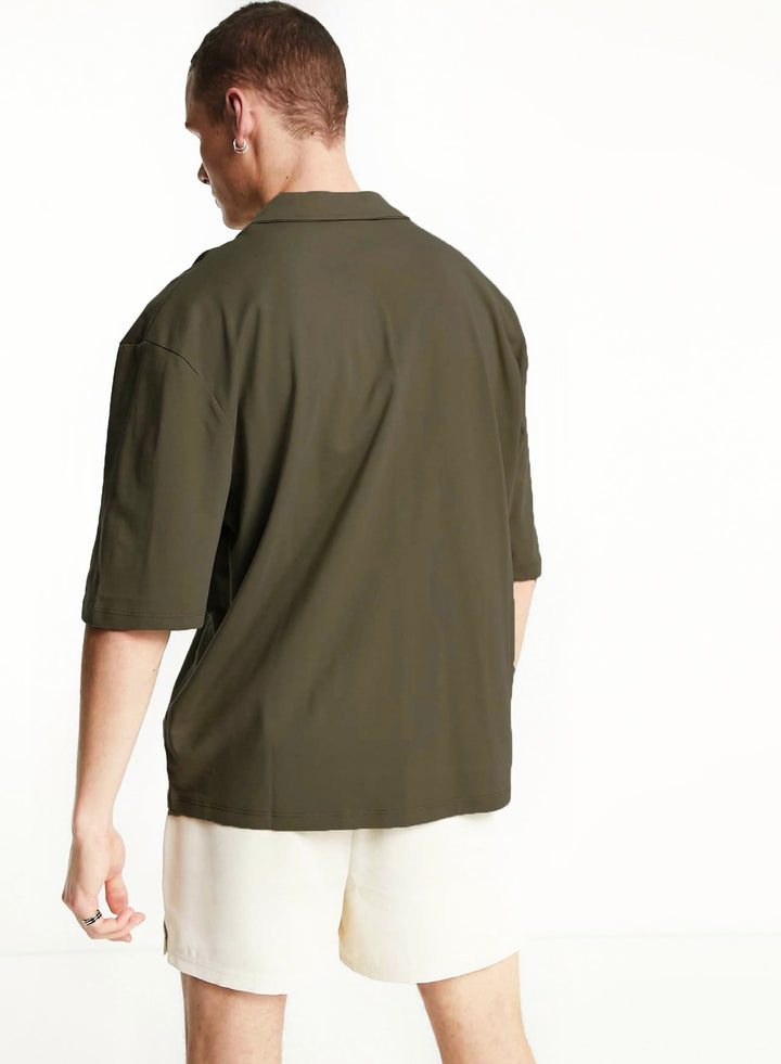 Oversized Revere Collar Jersey Shirt in Dark Olive