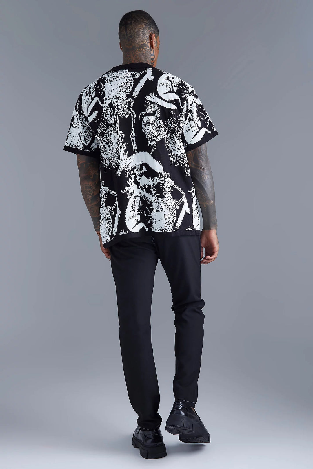 BOOHOOMAN GRAFFITI SKELETON KNITTED RELAXED SHIRT IN BLACK