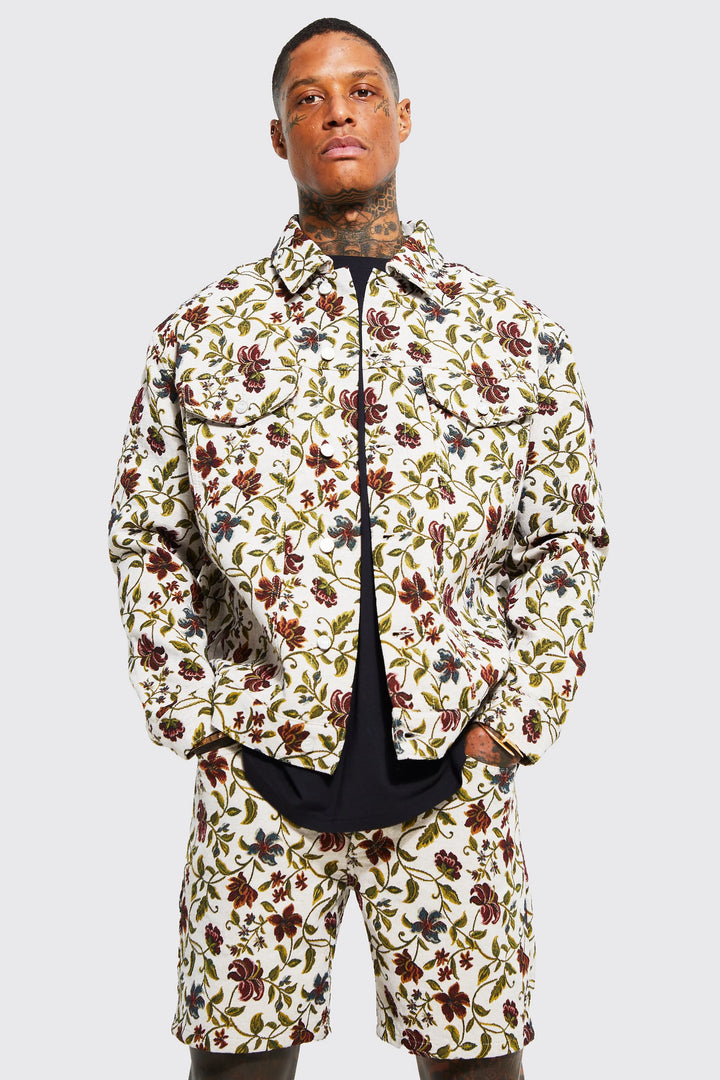 BOOHOOMAN OVERSIZED TAPESTRY FLORAL DENIM JACKET